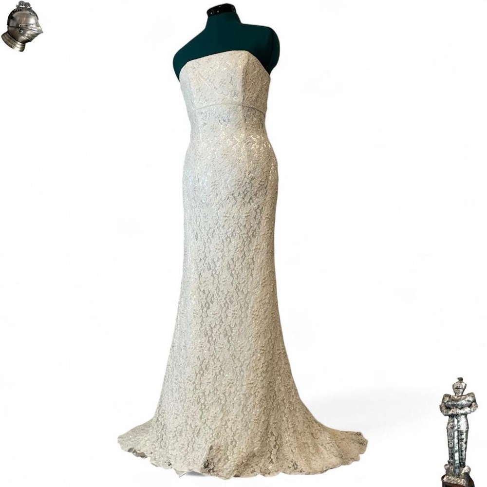 Gorgeous Galina white beaded and sequin strapless long maxi lace wedding dress